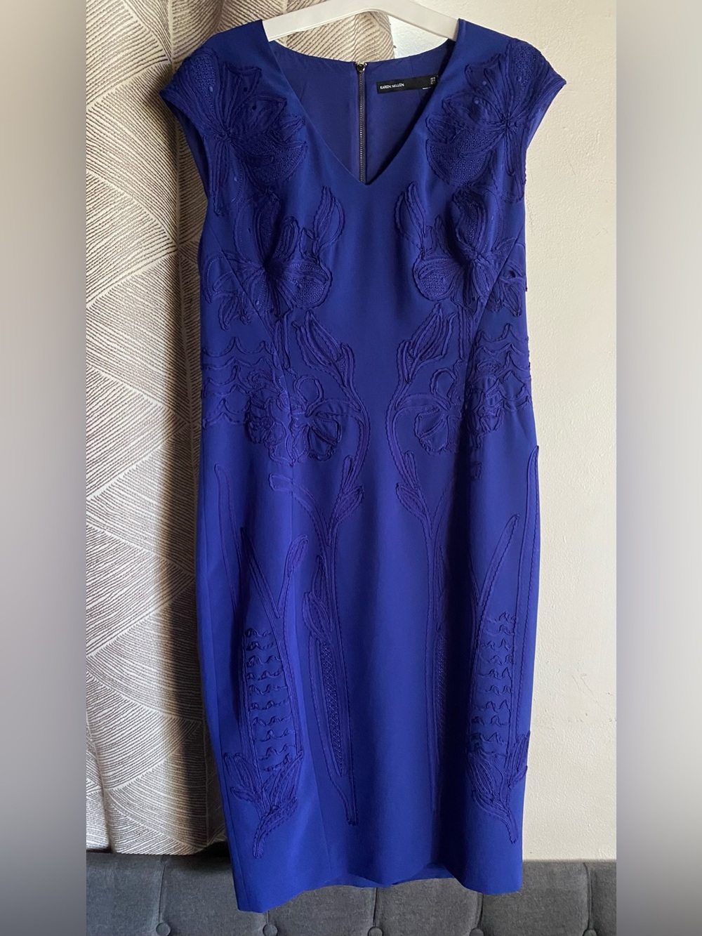 Karen Millen Cobalt Blue Embroidered Cap-Sleeve Sheath Dress Sz 10